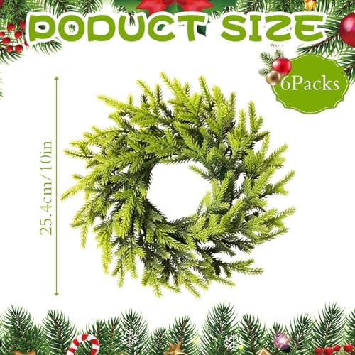 6 Pcs Christmas DIY Gree Wreath 10 Inch Green Artificial Wreaths DIY Faux Plain Wreaths Front Door Green Farmhouse Cabinets Wreath Indoor Outdoor Wall Decor(Pine Needle) - Image 2