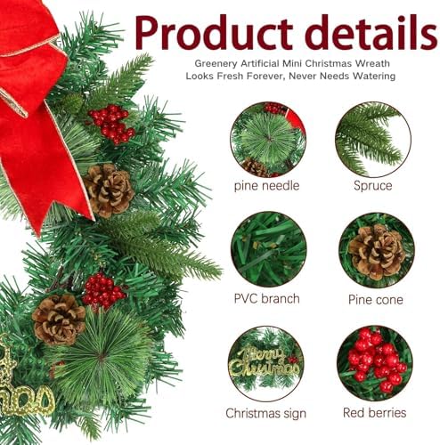 15 Inch Christmas Wreath Decorations,Set of 3 Mini Kitchen Cabinet Christmas Wreaths with Red Bows&Pine Cones& Berries,Includes Hooks & Storage Bag for Front Door, Windows, Fireplace (Indoor/Outdoor) - Image 3