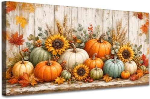 WAXWHELK Pumpkin Fall Canvas Wall Art, Pumpkin Sunflowers Wheat Stalks Maple Leaves Harvest Painting Pictures, Rustic Farmhouse Autumn Thanksgiving Artwork for Living Room Decor (24"x47") by Unknown