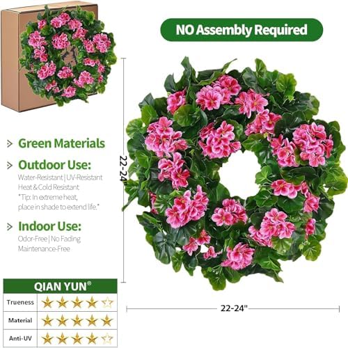 Spring Pink Wreath 24” – Floral Decor with Geranium Flowers for Front Door, Entry, Porch Display, Easter, Thanksgiving, Christmas - Image 3