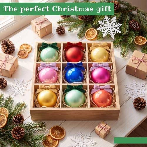 Hollowfly 9 Pcs 4 Inch Colorful Glass Christmas Ornaments with Velvet Bow - Image 4
