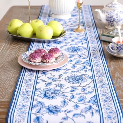 ISAENNE Designer French Linen Table Runner,71"x12"-BlueWilow - Image 5