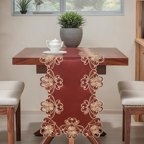 Decozen Gold Lace Red Table Runner - European Embroidery Dresser Decor Scarf for Home, Kitchen, Dining, and Wedding - 14 x 108 Inches - Valentines Day Decor - The Imperial Red Collection - Image 4