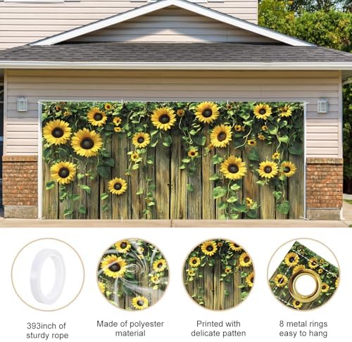 ANNA QUEEN Sunflower Fence Garage Door Banner 6 x 13FT, Vibrant Floral Sunflowers with Wooden Fence Garage Door Cover, Outdoor Garden Decoration for Spring Summer Parties Patio Home Decor - Image 4