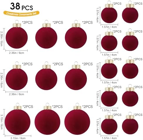 Velvet Christmas Ornaments Set 38Pcs Flocked Shatterproof Christmas Ornaments for Christmas Tree Decorations Xmas Decorative Hanging Christmas Ball Ornaments for Holiday Home Decor - Image 2