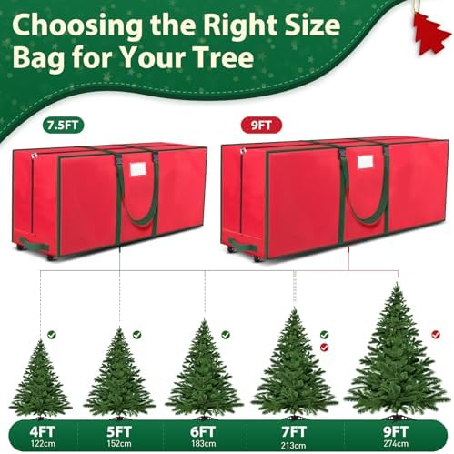 BlessedSeason Christmas Tree Storage Bag, Rolling Storage Bag with 1.6-Inch Wheels for Easy Transport, Up to 9 ft For Disassembled Holiday Tree, Zippered Bag, Length-Adjustable Handles, Red - Image 3