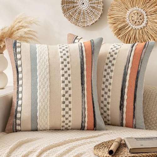 ANRODUO Boho Decorative Pillow Covers 18x18 Orange-Blue Stripe Pack of 2 by ANRODUO