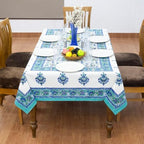 Home Spun & Crafts 48x102 Inches Rectangle Hand Block Print Tablecloth, 100% Cotton, White Blue Floral Table Cloths Washable, Traditional Indian for Dining Outdoor Thanksgiving Halloween Christmas - Image 4