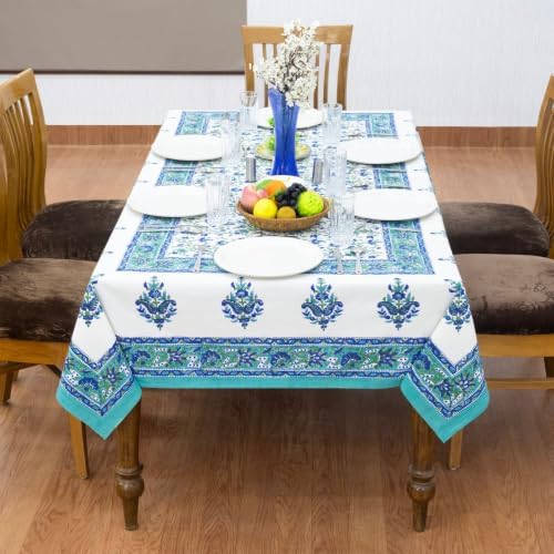 Home Spun & Crafts 72x108 Inches Rectangle Hand Block Print Tablecloth, 100% Cotton, White Blue Floral Table Cloths Washable, Traditional Indian for Dining Outdoor Thanksgiving Halloween Christmas - Image 4