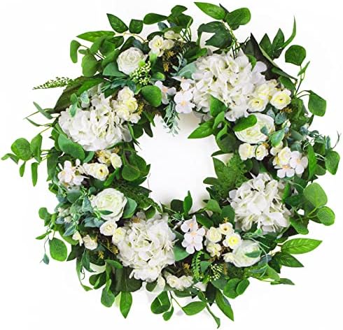 24" Spring Summer Wreaths for Front Door,Spring Summer Door Wreaths,Large White Hydrangea Wreaths for Outdoor Porch Farmhouse Home Decor by Ecerangus