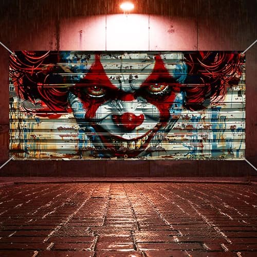 Halloween Garage Door Decorations Scary Clown Garage Door Banner Cover 6x13 Ft Rusty Horror Spooky Joker Extra Large Halloween Party Backdrop Decor Outdoor Holiday Background Sign Supplies - Image 4