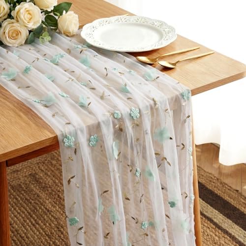Embroidery Floral Table Runner Rustic Spring Summer Wildflower Tulle Table Runner Vintage Flower Kitchen Dining Tabletop Runners Decoration for Home Wedding Party, 108x24.5 Inch (Green Flowers) by VAIPI