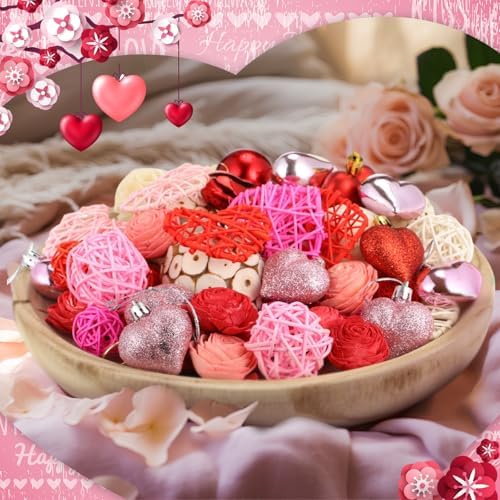 CroBlissful 40 Pcs Valentine's Day Decorative Rattan Balls 2 Set Pink Red Wicker Balls Decorations for Valentines Days Decor DIY Crafts Vase Bowl Filler Wedding Home Decor(Valentine's Day Style) - Image 4