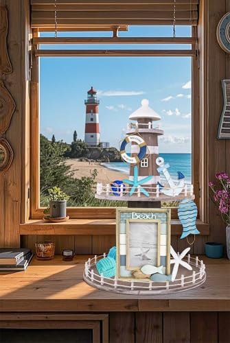 SAILINGSTORY Lighthouse Tiered Tray Stand Coastal Beach Decor Beige - Image 5