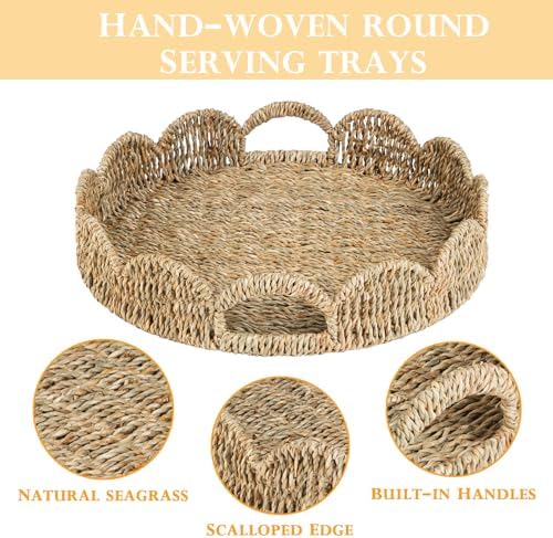 Scalloped Serving Tray, 13.8" Woven Round Table Decor Tray, Wicker Rattan Basket with Handles, Natural Seagrass Tray for Room Decor, Set of 2 - Image 3