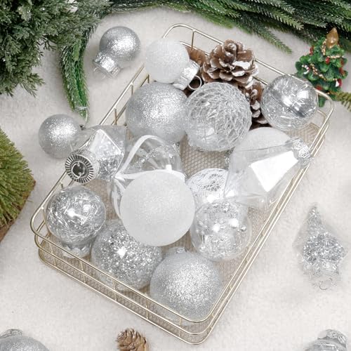 34PCS Silver/White Christmas Ball Ornaments Set for Tree Decor - Image 3