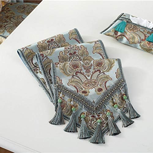vctops Vintage Luxury Jacquard Damask Floral Table Runners Tea Table Decoration with Multi-Tassels 13"x106" Blue - Image 2