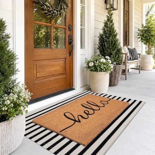 Front Door Mat Combo Set, Hello 100% Coco Coir Welcome Doormat + 28" x 43" Layered Buffalo Black and White Striped Rug, Spring Thanksgiving Porch Entryway Decor Indoor Outdoor Floor Mats - Image 4