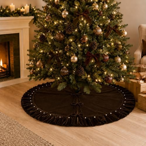 Dark Brown Velvet Christmas Tree Skirt, 60 Inch Christmas Tree Skirt with Ruffled Edge and Pearl Trim - Image 7
