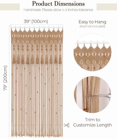 BECHAEO Boho Macrame Beaded Curtain with Tassels, Brown 1 Panel 39" x 79" - Image 6