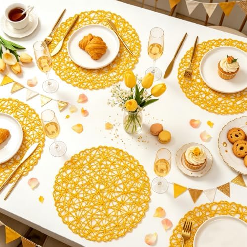 IcosaMro Round Woven Placemats Set of 12 for Dining Table, 15 Inches Paper Boho Decorative Circle Place Mats for Wedding Christmas Thanksgiving Day Holiday Dinner (Yellow) - Image 5