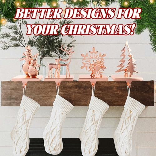 Christmas Stocking Holders for Mantel Set of 4, Stocking Hangers Reindeer Snowman Christmas Tree Snowflake Metal for Fireplace Mantel Holiday Christmas Decorations Stocking Hanger Hook - Rose Gold - Image 5