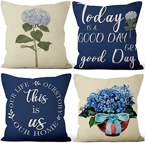 Blue Flowers Throw Pillow Covers 22"x22" Set of 4, Spring Outdoor Pillow Covers Home Decorative Floral Printed Cushion Covers for Couch Sofa Bedroom Farmhouse Livingroom Garden Patio Car by VieSavaran