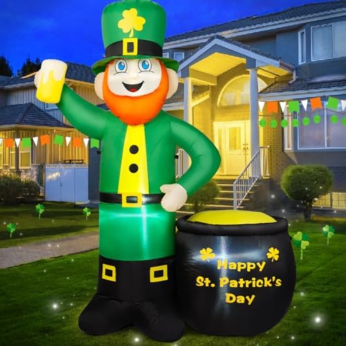 6FT St Patricks Day Inflatables Outdoor Decorations, Leprechaun Inflatable Holds Beer Cup with Pot of Gold Built-in LED Lights, St Patricks Day Decorations for Party Holiday Yard Garden Decor by BRDJade