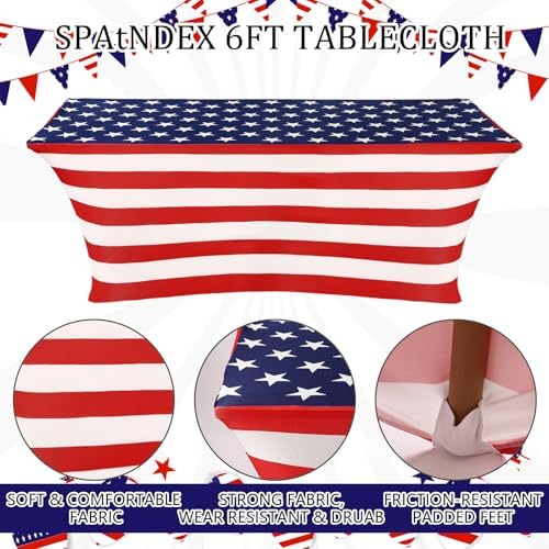 Oudain 6 Pcs 4th of July Table Cover Stretch Tablecloth 6 ft American Flag Tablecloth - Image 3