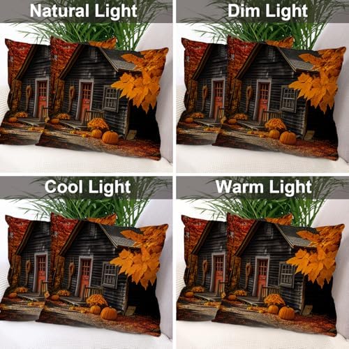 Batmerry Autumn Maple Forest Throw Pillow Covers, Pumpkins Cabins Fallen Leaves Decorative Pillow Covers Digital Printing Blended for Couch Sofa Bed Invisible Zipper 26X26 in(Set of 2) - Image 7