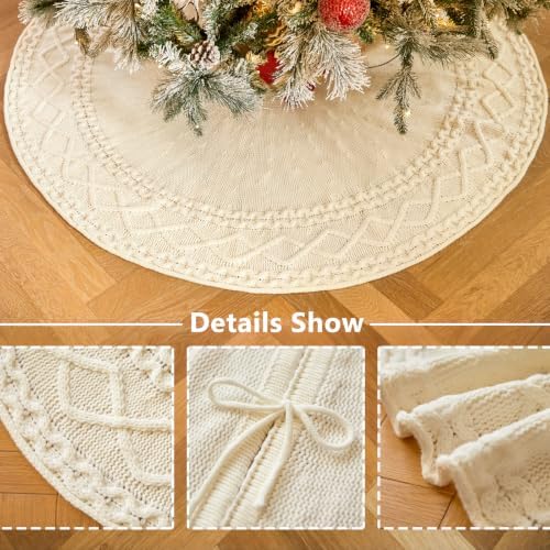 36 Inch White Knitted Christmas Tree Skirt Small Thick Cable Knit Round Cream for 4ft 5ft Tree Rustic Farmhouse Neutral Christmas Decor Tree Base Cover Xmas Home Decor (White-02) - Image 3