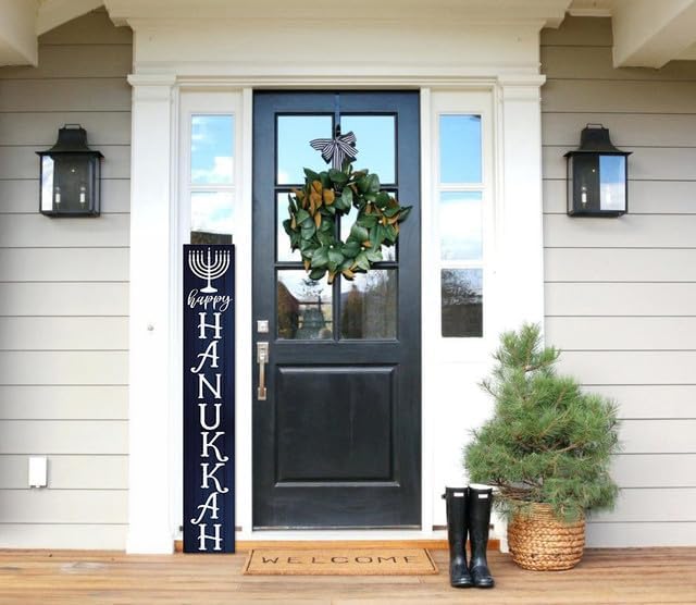 FemiaD Hanukkah Wooden Sign Happy Hanukkah Porch Sign Hanukkah Chanukah Hanging Door Sign Welcome Sign Indoor Outdoor Jewish Judaism Synagogue Chanukah Party Decor 8x48inch - Image 3