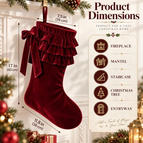 Thenshop 4 Pairs Christmas Burgundy Velvet Bow Stockings - Image 2