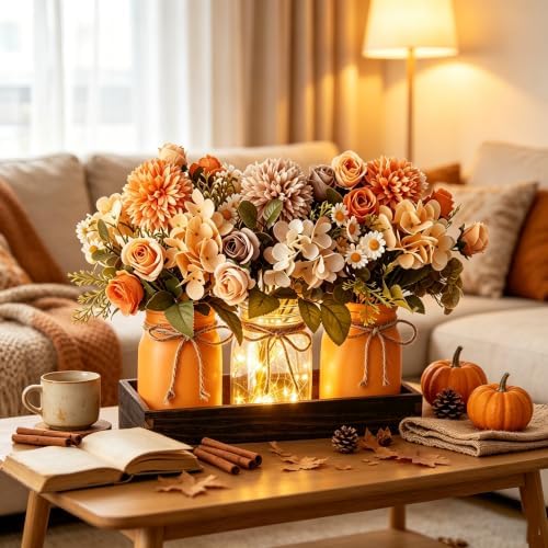 Mason Jar Centerpiece with Wood Tray – 3 Jars Orange & Beige Chamomile - Image 2