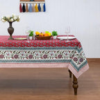 110x110 Inches Square Hand Block Print Tablecloth, 100% Cotton, Cherry Red Green Floral Table Cloths Washable, Traditional Indian For Dining Outdoor Thanksgiving Halloween Christmas - Image 2