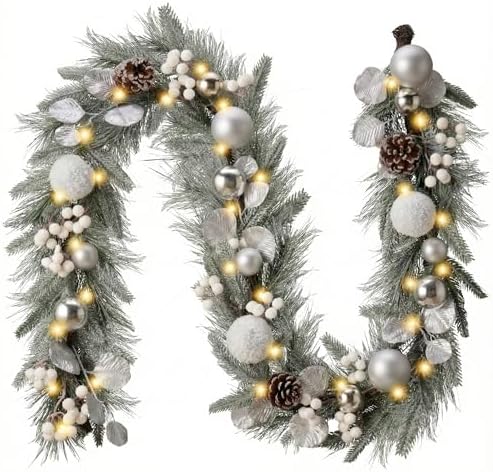 Valery Madelyn 6 Ft Christmas Garland with Lights for Mantle Silvery White by ValeryMadelyn