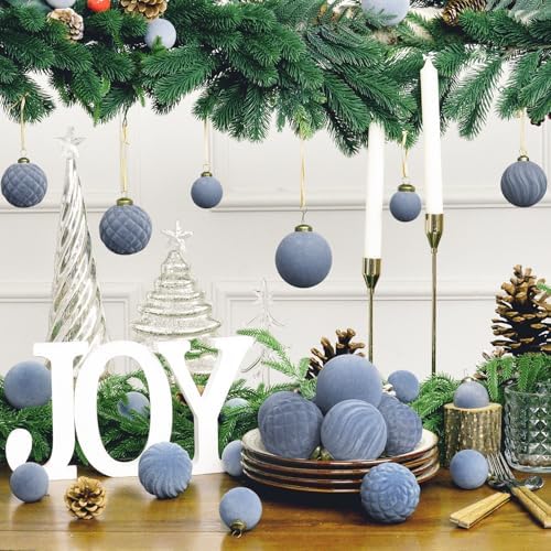 XmasExp 36PCS Velvet Christmas Ornaments Set Mixed Flocked Balls Ornaments Shatterproof Christmas Tree Decorations for Holiday,Party,Home（Light Blue） - Image 6