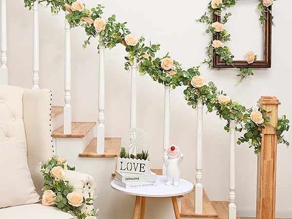 Dolicer 4Pcs 26Ft Artificial Eucalyptus Garlands with Flowers - 8 Roses, Faux Floral Greenery Garlands Fake Flowers Vines for Wedding Table Centerpieces Arch Party Ceremony Backdrop Decor (Champagne) - Image 5