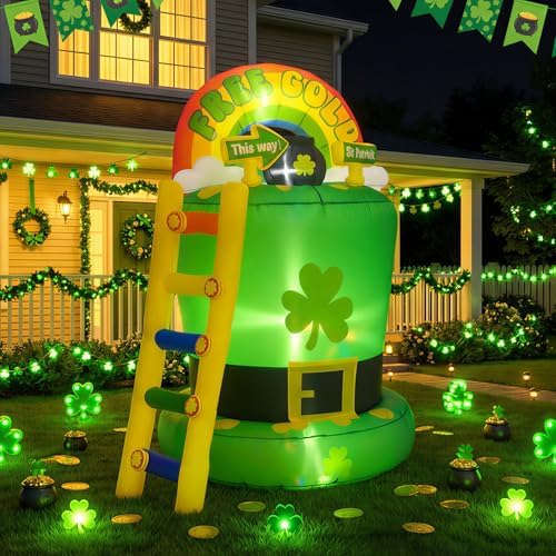 OurWarm 6FT St Patricks Day Inflatables Outdoor Decorations, St. Patrick's Day Blow Up Inflatable Leprechaun Trap with Rainbow Pot of Gold Shamrock Ladder, Saint Patricks Day Yard Garden Lawn Decor by OurWarm