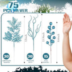 75 Pcs Christmas Glitter Tree Picks 3 Styles Berry Stems, Light Blue - Image 2