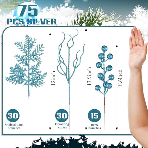 75 Pcs Christmas Glitter Tree Picks 3 Styles Berry Stems, Light Blue - Image 2