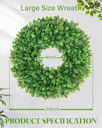 Vlorart 24 Inch Faux Round Boxwood Wreath, Weatherproof Front Door Large Wreaths Artificial Spring Summer Greenery Wreath with Sash for Farmhouse Wedding Year Round Indoor and Outdoor - Image 3
