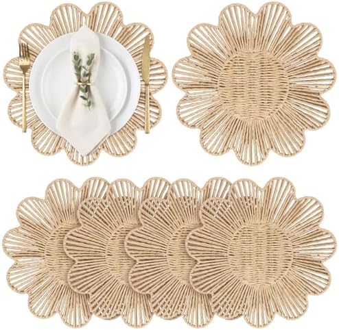 4 Pcs 12.6 Inch Paper Rope Round Woven Flower Placemats, Natural Hand Woven Boho Farmhouse Rattan Table Mats, Wicker Braided Placemats, for Dining Table Decor, Wedding Party, Home & Kitchen by Gandeer