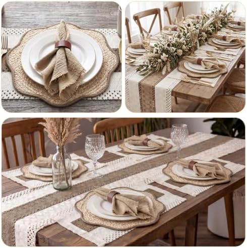 8 Set Boho Placemats with Table Runner, Scalloped Woven, Khaki - Image 4