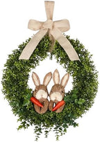 22" Spring Easter Wreath for Front Door - Easter Bunny Wreath - Artificial Green Boxwood Wreath with Burlap Bow & Sisal Bunnies - Spring Easter Holiday Decor for Home Door, Porch, Wall,Window by FLOROAD