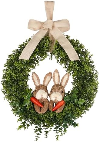 22" Spring Easter Wreath for Front Door - Easter Bunny Wreath - Artificial Green Boxwood Wreath with Burlap Bow & Sisal Bunnies - Spring Easter Holiday Decor for Home Door, Porch, Wall,Window by FLOROAD