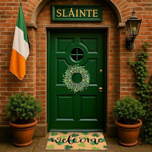 Tingjoo 2 Pcs St. Patrick's Day Coir Door Mat and Shamrock Wreath - Image 6