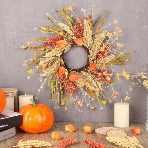 12 Pcs Mini Fall Wreaths for Kitchen Cabinets Thanksgiving Artificial Wreaths Autumn Hanging Wreath Harvest Candle Rings Farmhouse with Ribbon for Front Door Porch Wall Window Decoration - Image 2
