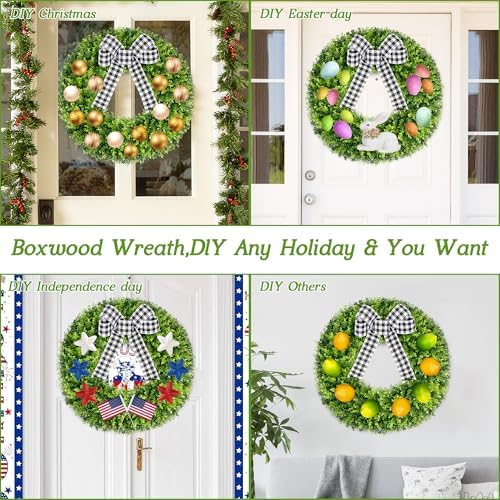 Vlorart 28" Faux Round Boxwood Wreath, Artificial Large Boxwood Wreath Front Door Wreaths Artificial Spring Summer Greenery Hanging with A Plaid Bow for Villa Wall Hanging Window Wedding Party Decor - Image 5