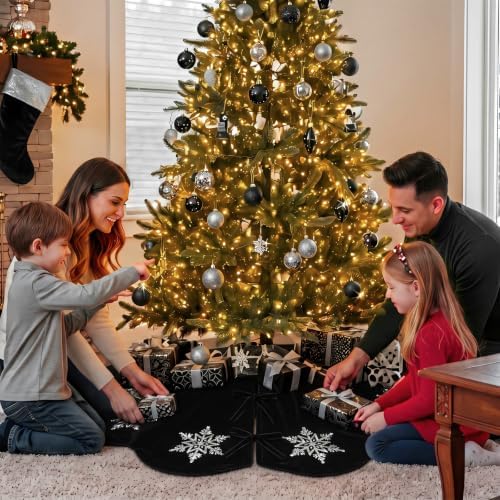 Hollowfly Black Velvet Christmas Tree Skirt with Sequin Snowflake 48'' - Image 4